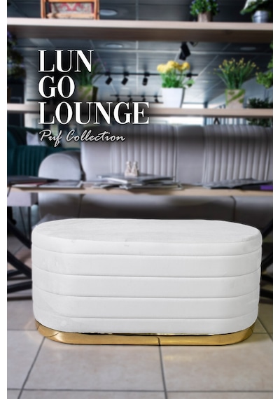Lungo Long Line Beyaz Puf- 90cm Gold Kaplama Kapitoneli Luxery Pofuduk Oturma Pufu&Makyaj Puff&Bench