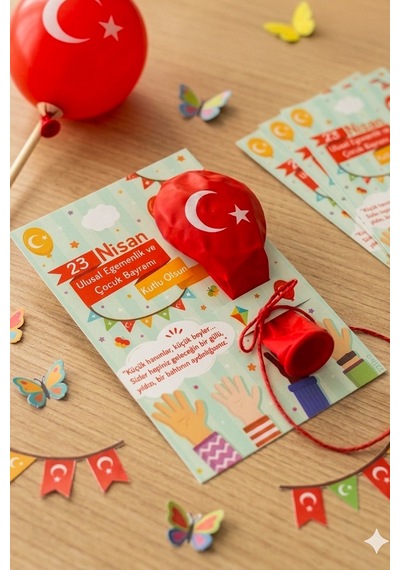 20 Adet Balon ve 23 Nisan Tebrik Kartı 20'li Set Sınıf Hediyelik Türk Bayraklı Balon