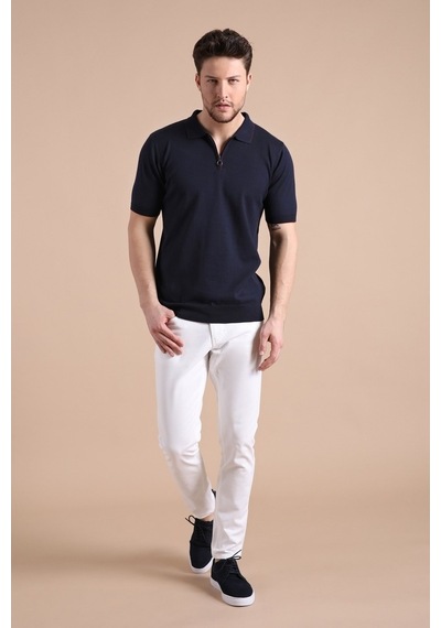Ferraro Lacivert Polo Yaka Fermuarlı Erkek Pamuk Triko T-Shirt-Lacivert (417942893) Lacivert