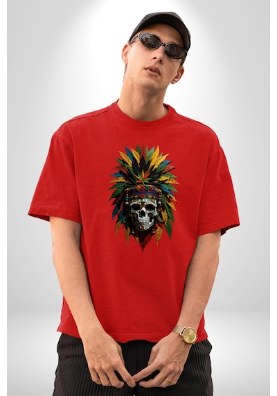 Kurukafa İskelet Kızılderili Tüy Kartal Şefi Pamuklu Bisiklet Yaka Unisex Oversize Boyfriend Dijital Baskılı Kırmızı T-shirt Kırmızı