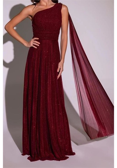 Neşeli Butik Kadın Bordo Tek Omuz Pilise Detaylı Simli Tül Kumaş Abiye Elbise Nbswll16