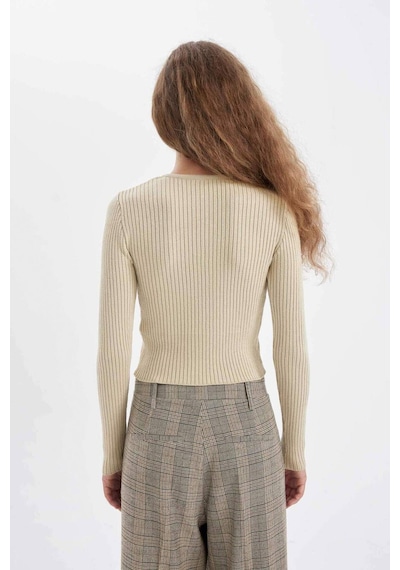 Defacto Slim Fit Dar Kesim Bisiklet Yaka Bağcıklı Basic Düz Triko Hırka D4626AX24AUER103 Ekru