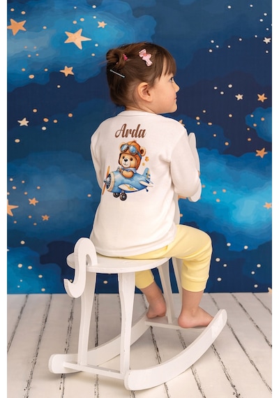 Pia Baby İsme Özel Erkek Çocuk Pijama Takımı %100 Pamuk Penye İsim Baskılı Kişiye Özel Çocuk Pijaması 10137p14pi Krem