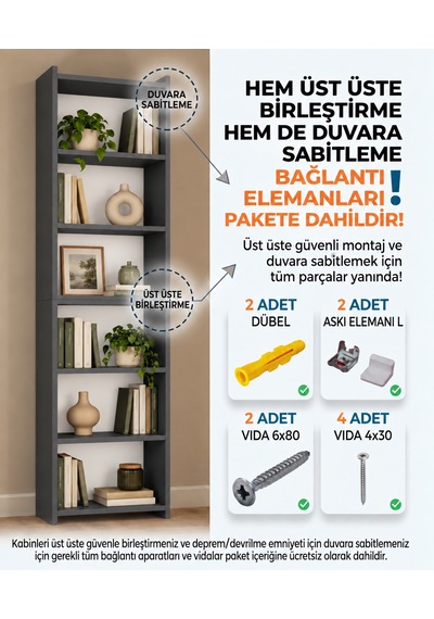 Marsel Kitaplık Çok Amaçlı Dekoratif Raflı Kitaplık Modüler Kitaplık Antrasit