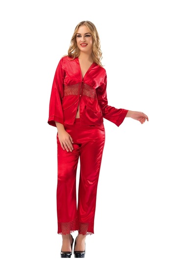 Kırmızı Saten Pijama Takımı - 1601 Kırmızı