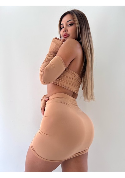 Pink Life Bej Askısız Yüksek Bel Mini Etekli Ikili Takım-Bej