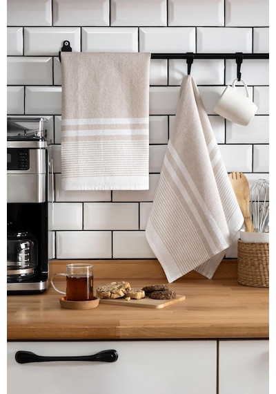Vionel Home 2&apos Li Mutfak Kurulama Bezi,%100 Pamuk Yüksek Su Emici, Beslenme Örtüsü, Çok Amaçlı Servis Peçetesi 45x60cm Bej Açık Bej