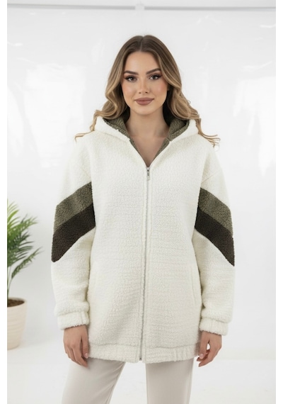 Hiramir Peluş Yeni Sezon Kadın Kolları Şeritli Kolej Mont Ks2577 Beyaz