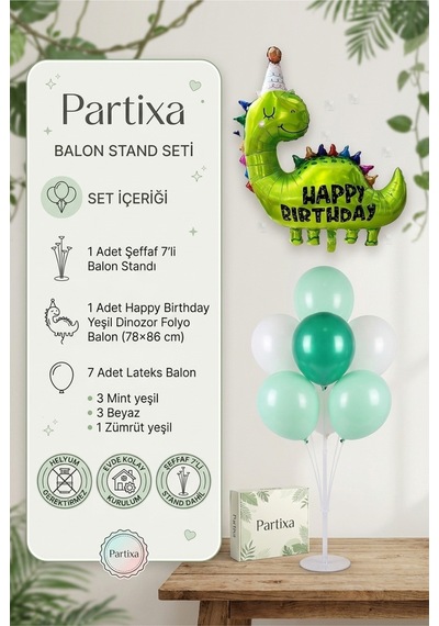 Happy Birthday Yeşil Dinozor Balon Stand Seti Şeffaf 7 Li Stand + Yeşil Dinozor Folyo Balon 78 86 Cm + 7 Lateks Balon