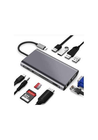 Type-c To Hdmı Adaptör 11 In 1 Dört Usb 3.0 Bağlantı Noktası 4k Hdmı Vga Type C Pd Usb3.0 Rj45 Ethernet Sd Tf Kart Okuyucu 3.5mm Aux Macbook Pro Air Uyumlu