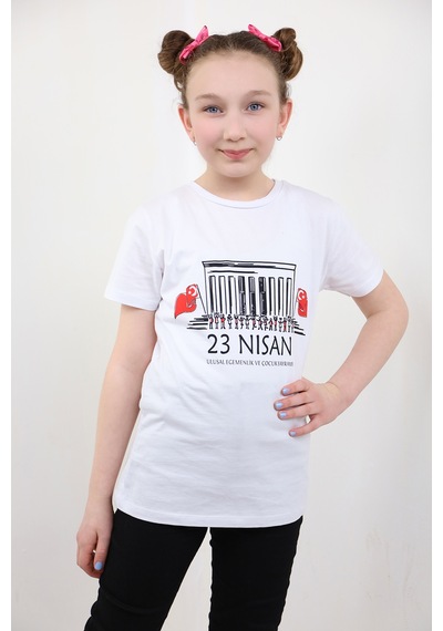 Toontoy Kids Toontoy Unisex Çocuk 23 Nisan Baskılı Tişört Beyaz