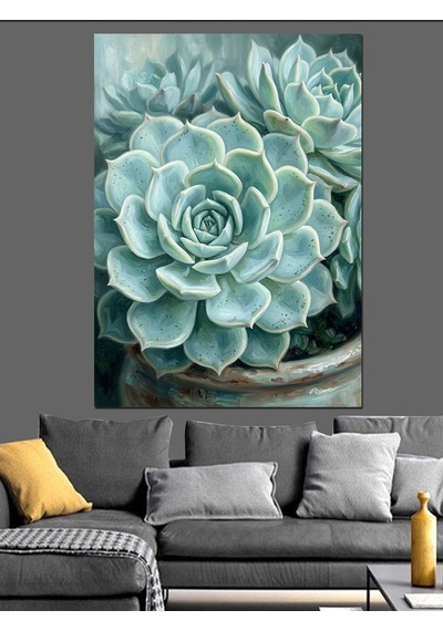 Echeveria Sukulent Mavi Yeşil Yaprak Dekoratif Kanvas - Mdf Ahşap Tablo