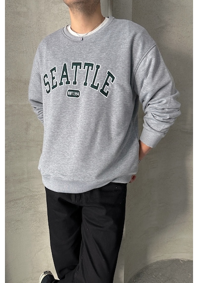 Erkek Seattle Baskılı Oversize Sweatshirt Grimelanj