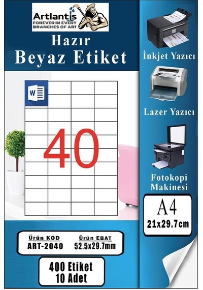 A4 Hazır Etiket 52.5x29.7 Mm 10 Sayfa 1 Paket 40 Lı Kendinden Yapışkanlı Fotokopi Lazer İnkjet Kağıdı Yazıcılar İçin Uyumlu