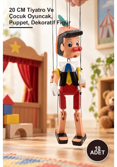 10 Adet Pinokyo Ahşap Kukla 20 Cm Tiyatro Ve Çocuk Oyuncak, Puppet, Dekoratif Figür