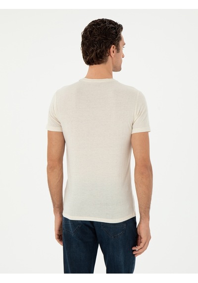 Ekru Slim Fit Keten Karışımlı Bisiklet Yaka T-shirt 15469610
