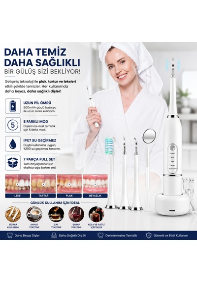 Şarjlı Diş Fırçası Diş Taşı Ve Plak Temizleyici 7 Parça Ağız Bakım Seti 5 Modlu Ipx7 Diş Tartar Seti