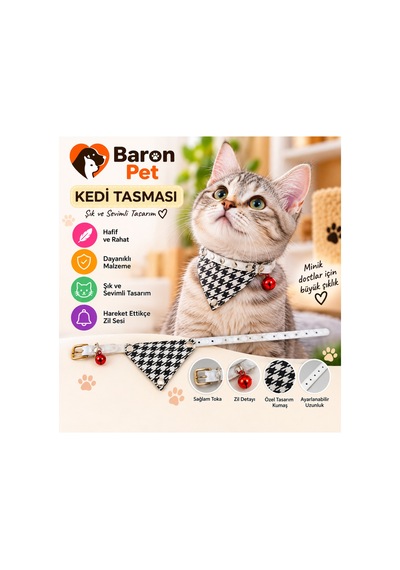 Fularlı Kedi Tasması Kazayağı Desenli Zilli Ayarlanabilir Bandana Kedi Boyun Tasması