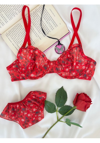 Arinda Butterfly Kırmızı Tül Çiçek Desenli Balenli Kapsız Fırfırlı Bralette Sütyen Tanga İç Çamaşırı Takımı Alt Üst 2 Parça