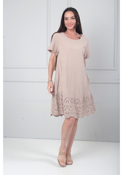 By Saygı Kadın İtalyan Kısa Kollu Eteği Fisto Astarlı Cepli Cotton Midi Elbise Bej