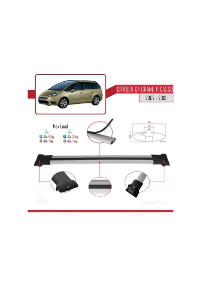 Citroen C4 Grand Picasso 2007-2013 Arası İle Uyumlu Fly Model Ara Atkı Tavan Barı Gri