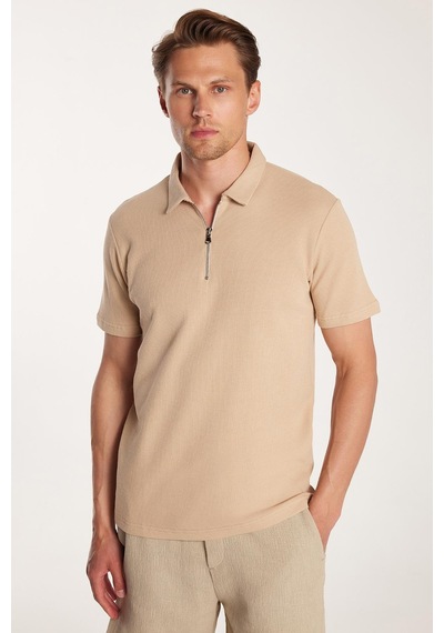 Tudors Erkek Slim Fit Dar Kesim %100 Pamuk Fermuarlı Bej Polo Yaka Tişört-33942 Bej