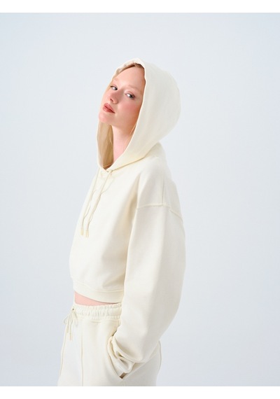 Loose Crop Kadın Sweatshirt Ekru