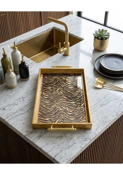 Gold Varaklı Zebra Desenli Lüks Sunum Tepsisi - Modern Tasarım Dekoratif Çay Kahve Tepsisi