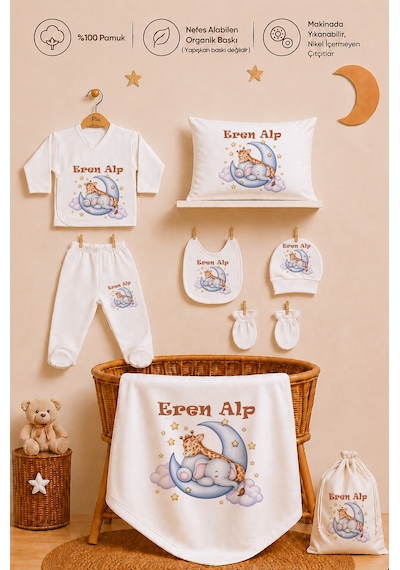 Pia Baby İsme Özel Erkek Bebek Zıbın Seti 8 Parça %100 Pamuk Hastane Çıkışı Keseli Hediye Seti 1053zybk0x Ekru