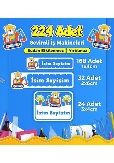 İş Makineleri Temalı Okul Kreş Kişiye Özel İsim Etiket Seti - Model 258 Çok Renkli