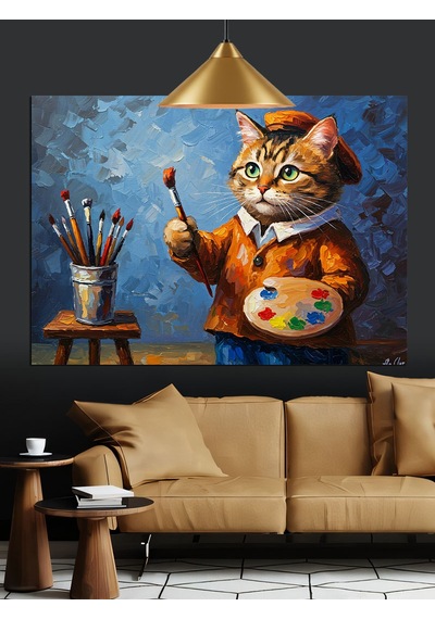 Ressam Kedi Fırça Tutuyor Dekoratif Kanvas - Mdf Ahşap Tablo