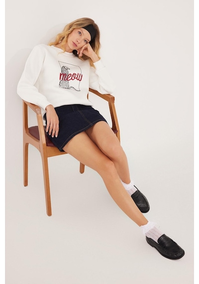 Tudors Kadın Regular Fit Klasik Kesim %100 Pamuk Baskılı Bisiklet Yaka Beyaz Sweatshirt-36931 Beyaz