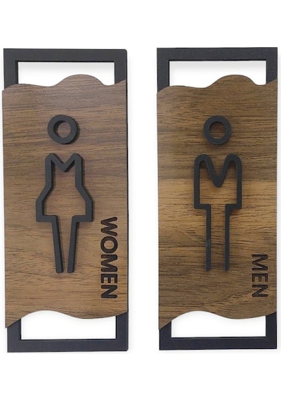 CajuArt Ahşap Desenli Modern Erkek Kadın WC Tuvalet Yönlendirme Levhası Ofis İş Duvar Dekor
