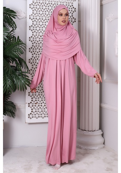 Tek Parça Pratik Başörtülü Robalı Namaz Elbisesi 8015 Pembe