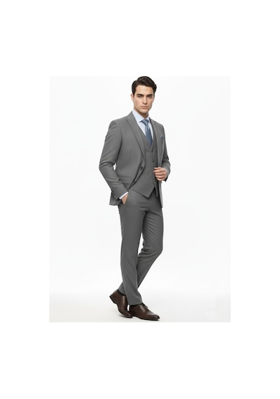 Presto Erkek Yelekli Slim Battal Takım Elbise 6 Drop Gri 792-070 Gri