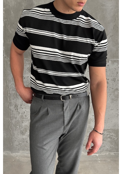 Erkek Bisiklet Yaka Oversize Çizgili Triko T-shirt Siyah