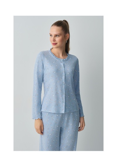 Suwen Mina Gömlek Yaka Pijama Takımı Wsh10510038348 Mavi