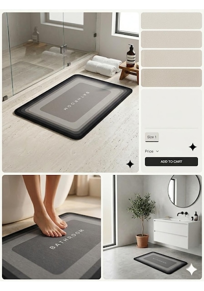 Banyo Paspası Süper Su Emici Kaymaz Tabanlı Dikdörtgen Diatomit Paspas 60x40cm Gri Diğer