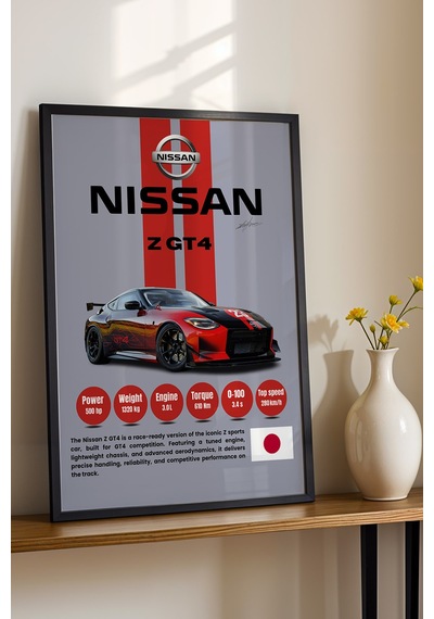 Nissan Z Gt4 Premium Yarış Arabası Çerçeveli Tablo - Teknik Özellikli Pist Serisi Duvar Dekoru Siyah