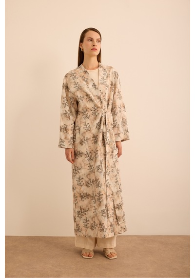 Aker Yaprak Desenli Keten Yandan Bağlamalı Kimono Ekru Ekru