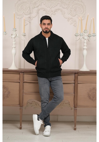 Woolen World Polo Yaka Fermuar Kapamalı Klasik Kesim Astarlı Çelik Örgü Hırka Siyah