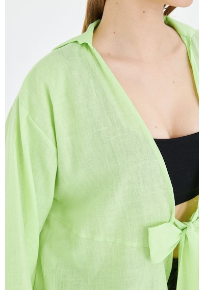 Armonika Kadın Neon Yeşil Önden Bağlamalı İnce Keten Kumaş Midi Boy Kimono Gömlek Arm-24y001081