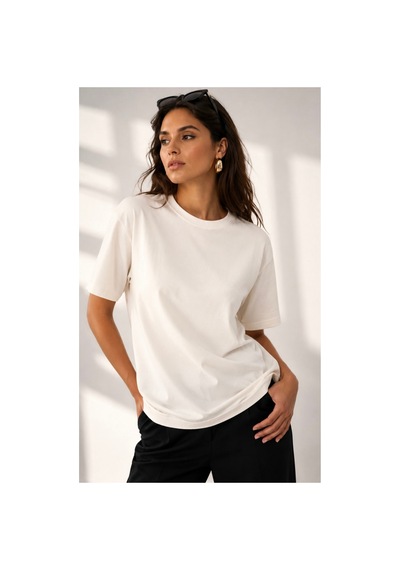 Qu Style Premium Basic Oversize Kadın Tişört Yumuşak Dokulu Günlük Rahat Kalıp T-shirt Ekru
