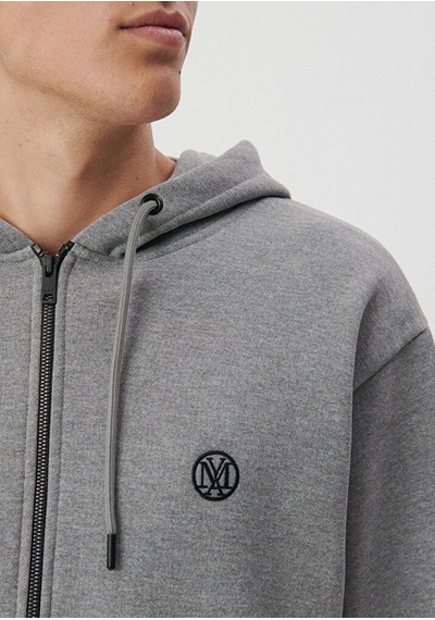 Erkek Mavi Logolu Kapüşonlu Fermuarlı Sweatshirt-gri Melanj Gri Melanj