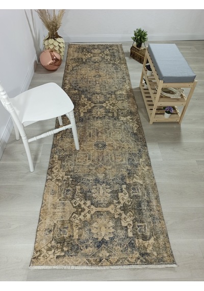 Eskitme Madalyon Desenli Hardal Ve Lacivert Vintage Salon Halısı - 4113ou