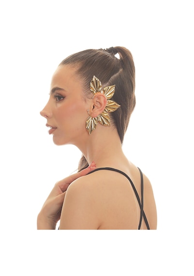 Kadın Altın Renk Lak Kaplama Zirkon Taşlı Yaprak Stilizesi Sol Kulak Earcuff&kıkırdak Küpe Çok Renkli