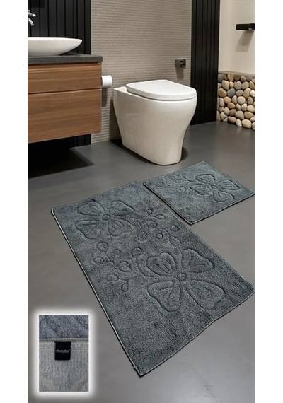 Zamantı Pamuklu Banyo Paspası Takımı 2 Li Dokuma Tabanlı, Yumuşak Dokulu Tasarım Koyu Gri
