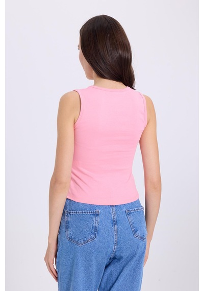 Tudors Kadın Slim Fit Dar Kesim V Yaka Sıfır Kol Pamuklu Ribanalı Pembe Bluz-38837 Pembe