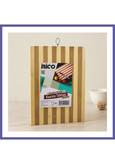 Bezos Bambu Kesme Tahtası 20x30x1.3 Cm - Beyaz Çizgili Metal Kulplu Nıda