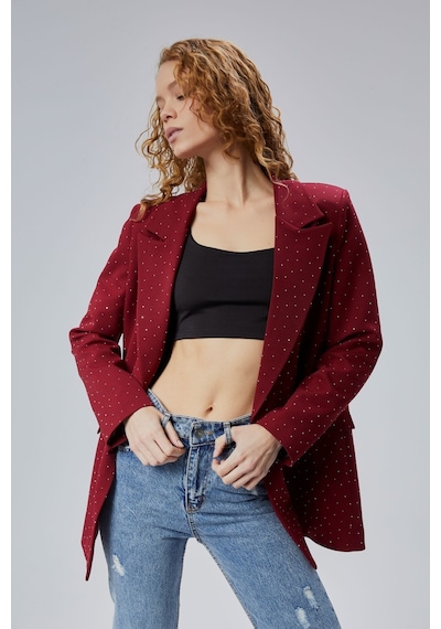 Kadın Regular Dokuma Astarlı Taş Detaylı Blazer Ceket Bordo